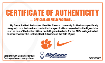 Clemson Tigers Official Nike Game Football Certificate of Authenticity